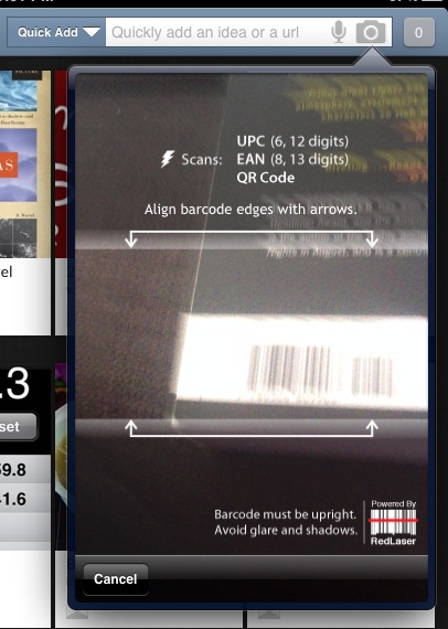 Barcode scanner in the Springpad mobile app