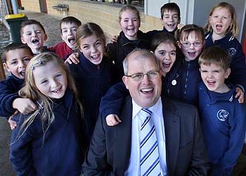 Keen to learn: Principal Mark Portman with students at the new Kinglake West Primary School. Picture: Rob Leeson. 